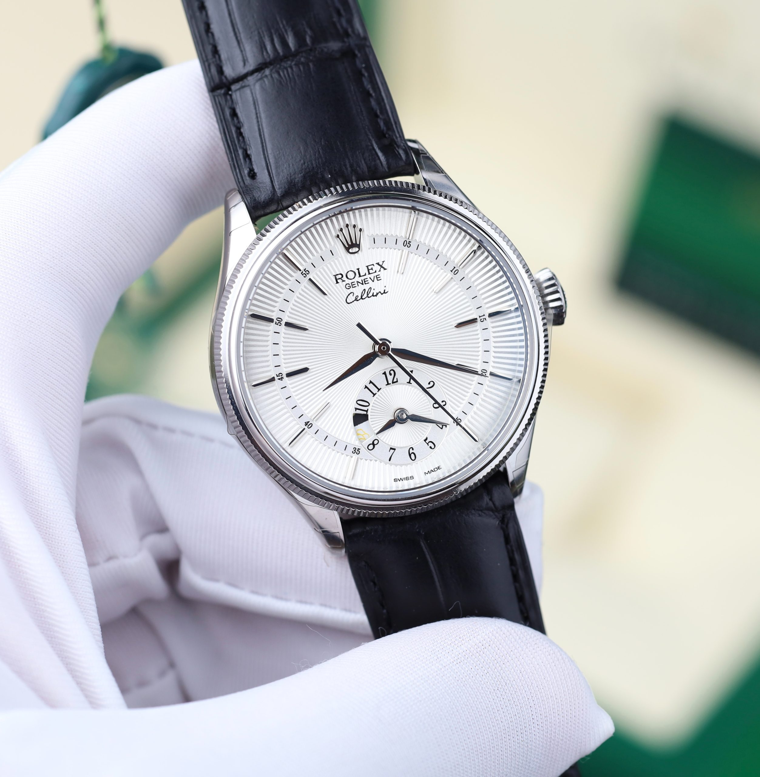 Rolex Cellini Dual Time 50525 Replica Watch Silver Dial Leather Strap KZ Factory 39mm - Image 4