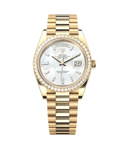 Rolex Day-Date 40 228348RBR Yellow Gold Diamond Bezel Baguette Mother of Pearl Dial