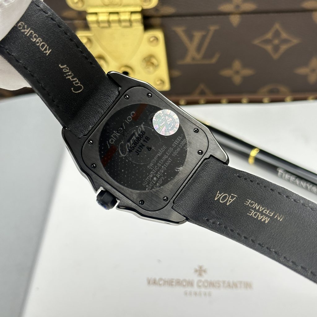Đồng Hồ Cartier Santos 100 XL Replica Luxury Vỏ Mạ ADLC Mặt Đen 41x51mm