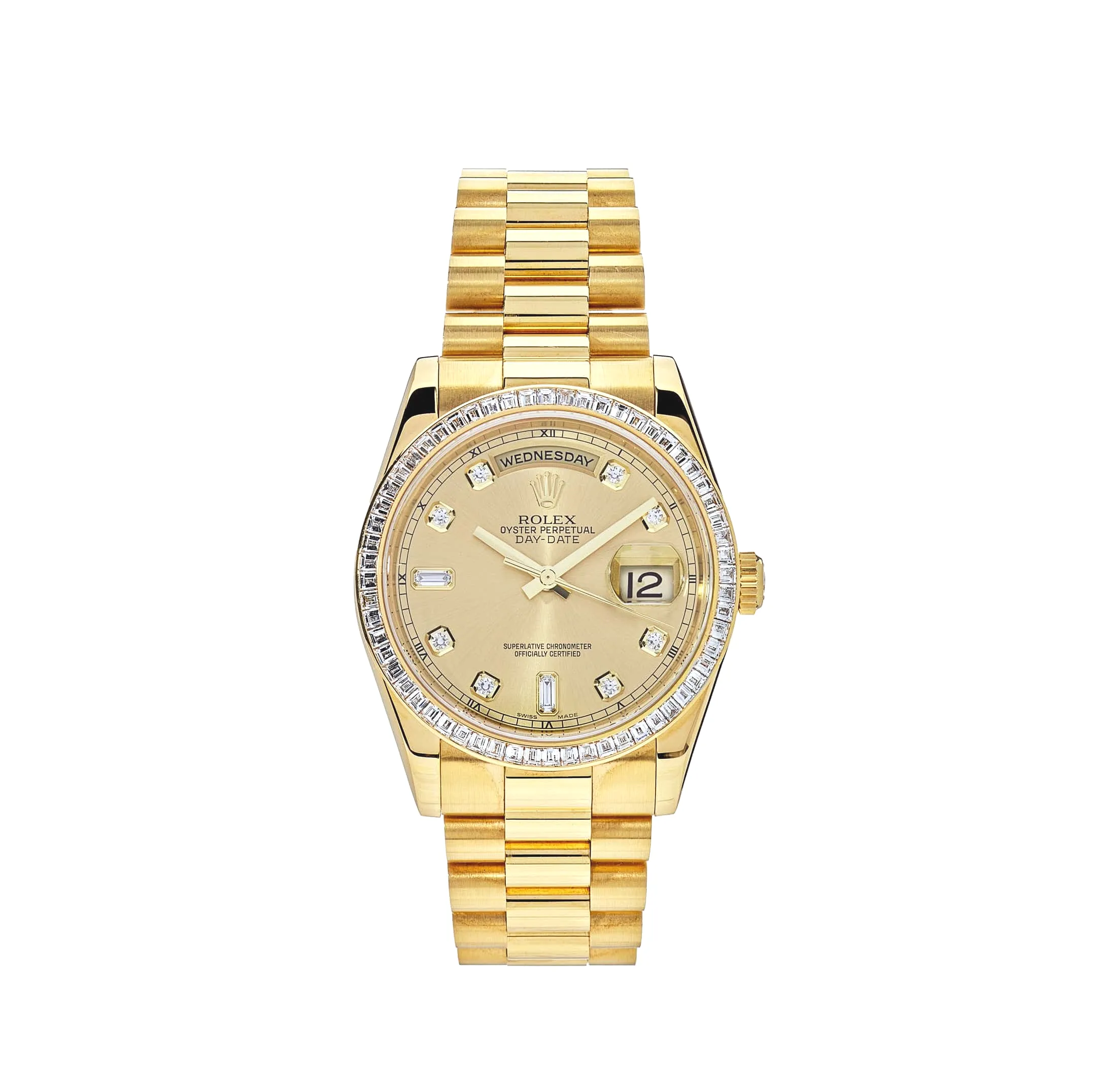 Rolex Day-Date 36 118398BR Yellow Gold Diamond Bezel Champagne Diamond Dial