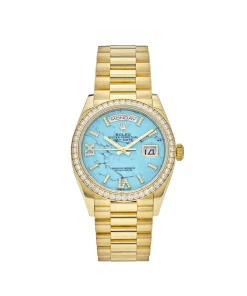 Rolex Day-Date 36 128348RBR Yellow Gold Diamond Bezel Turquoise Diamond Dial