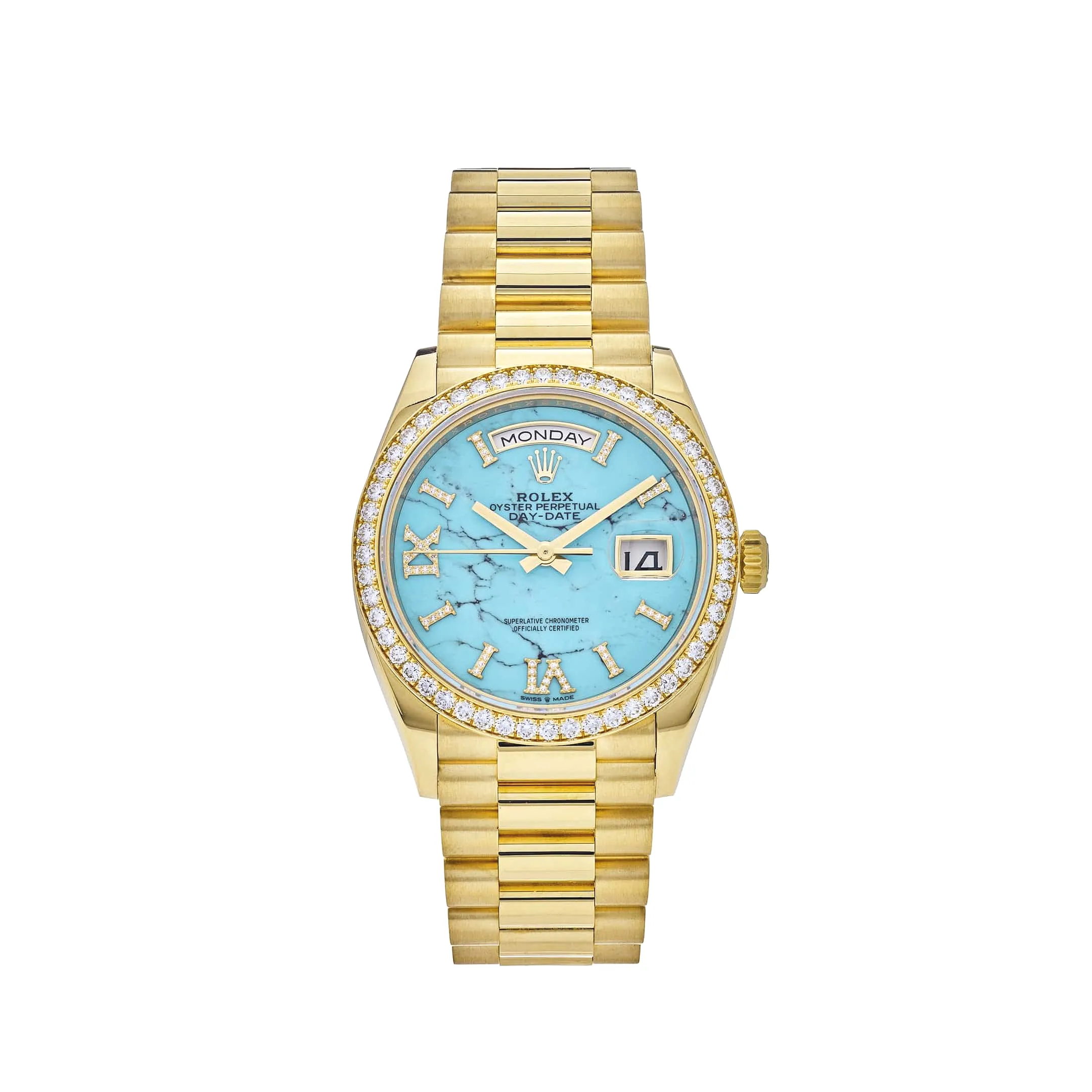 Rolex Day-Date 36 128348RBR Yellow Gold Diamond Bezel Turquoise Diamond Dial