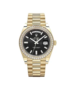 Rolex Day-Date 40 228348RBR Yellow Gold Black Diamond Dial Diamond Bezel