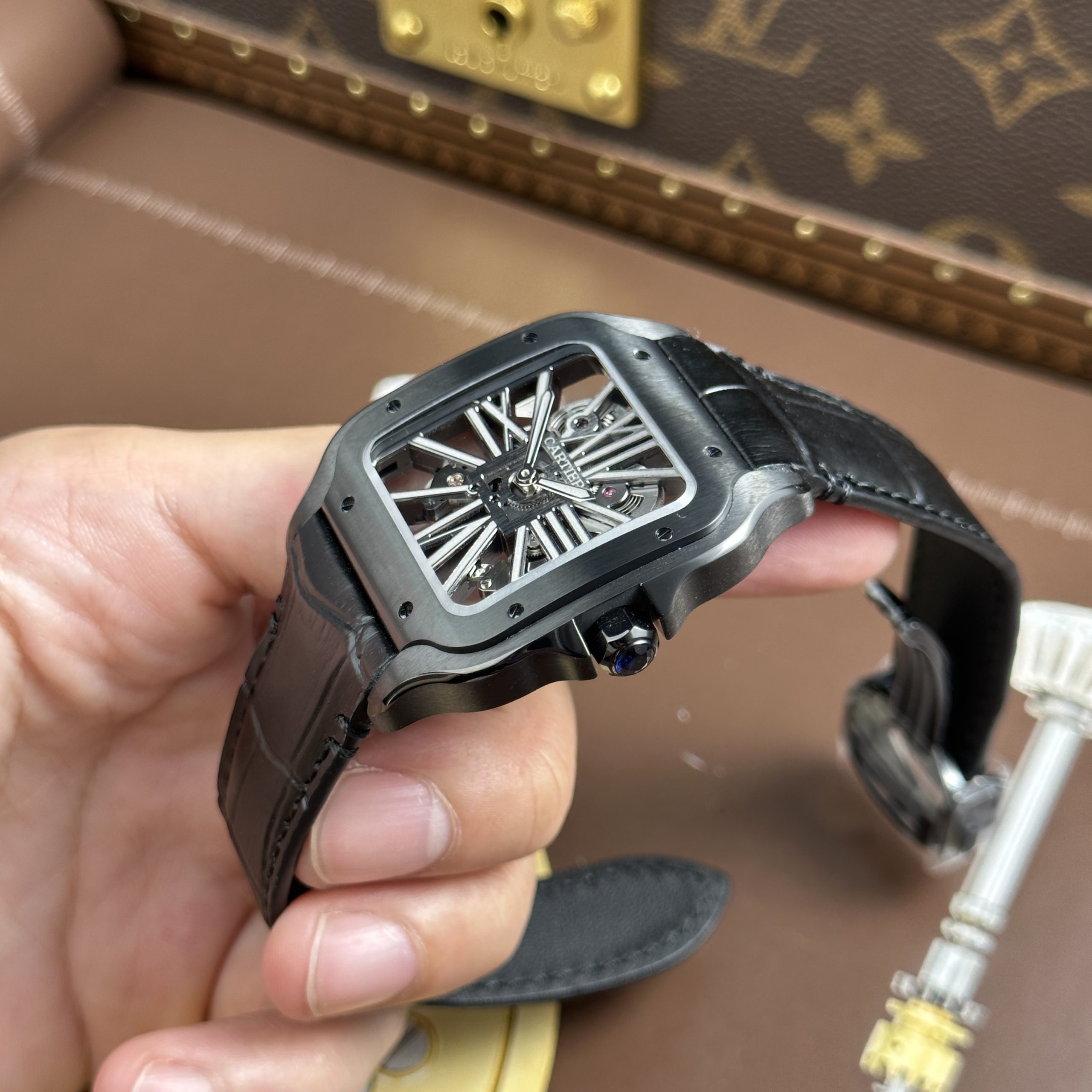 Cartier Santos de Cartier Rep High-End Skeleton Black Leather Strap Factory MLF 39.8mm - Image 5