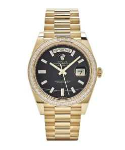 Rolex Day-Date 40 228398TBR Yellow Gold Onyx Baguette Diamond Dial Baguette Bezel