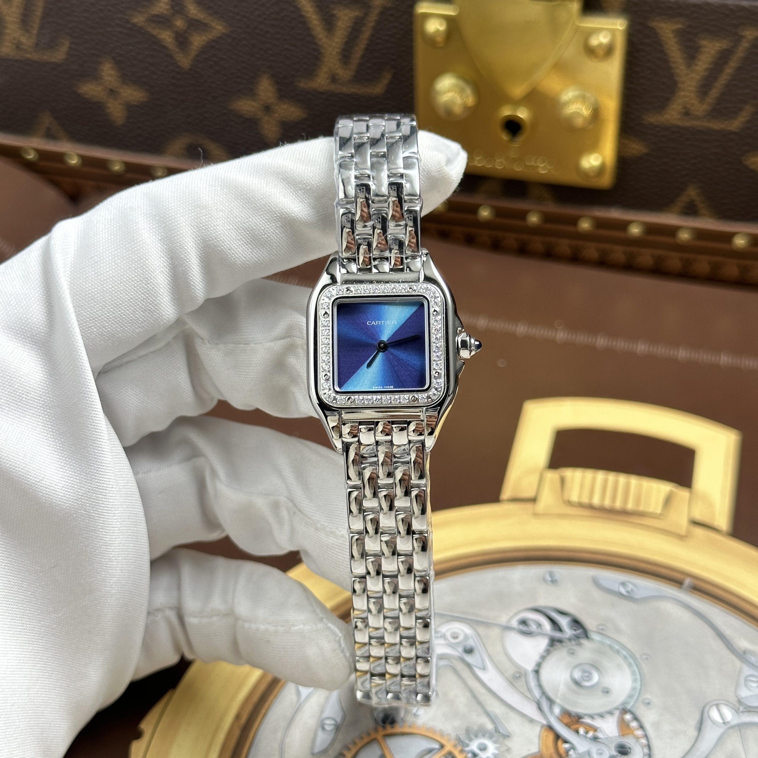 Cartier Panthere Small Model Rep 11 Women’s Blue Face CZ Stone Bezel 23x30mm