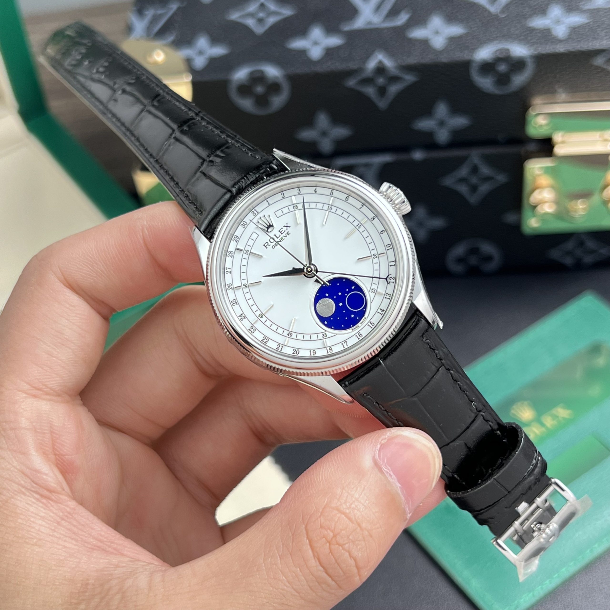 Rolex Cellini 50535 Replica Watch Sliver Leather Strap Best Quality 39mm