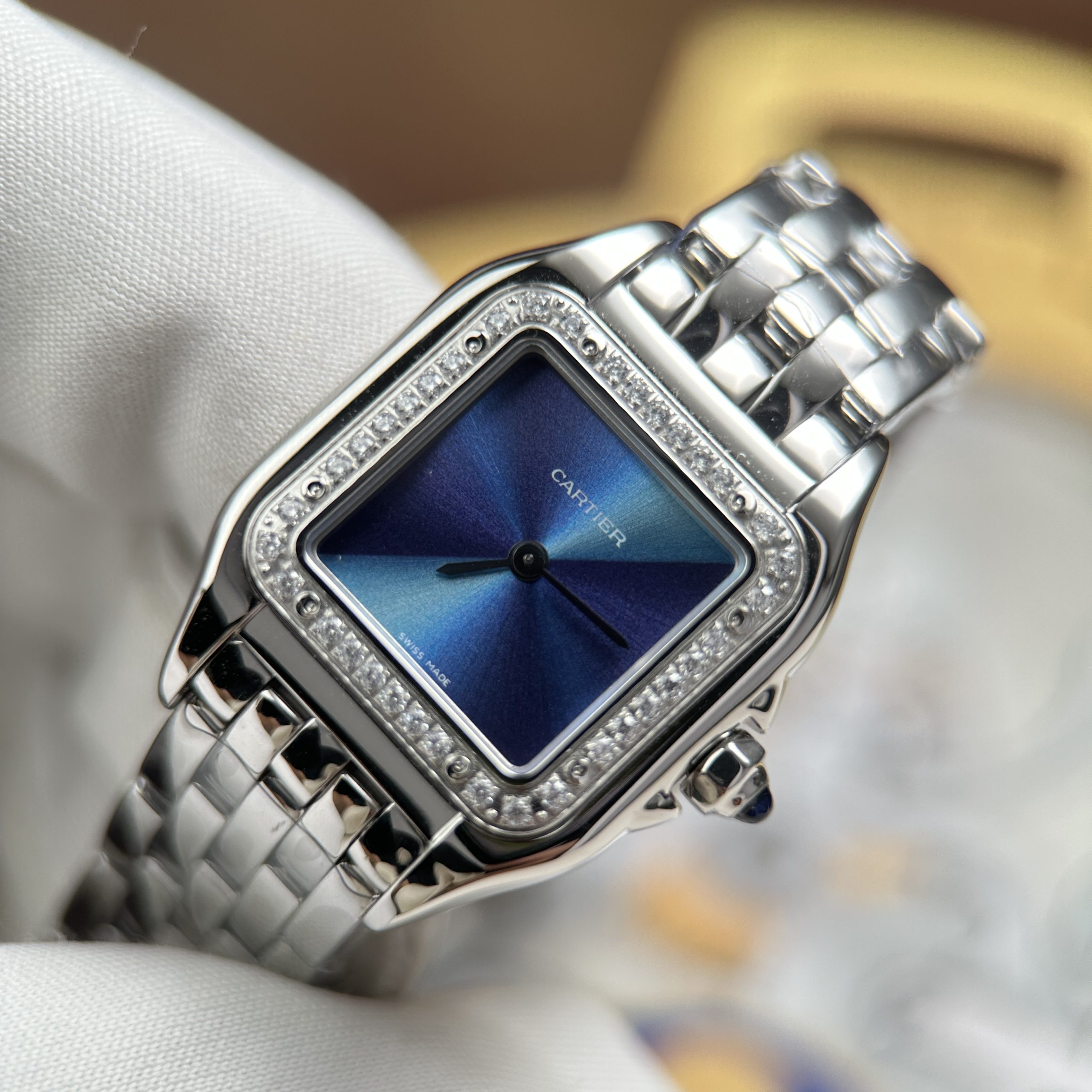 Cartier Panthere Small Model Rep 11 Women’s Blue Face CZ Stone Bezel 23x30mm - Image 2
