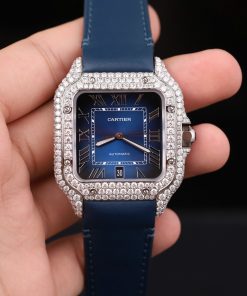 Alternative view of Cartier Santos Men’s Replica 11 Customs Moissanite Diamonds Blue 39.8mm