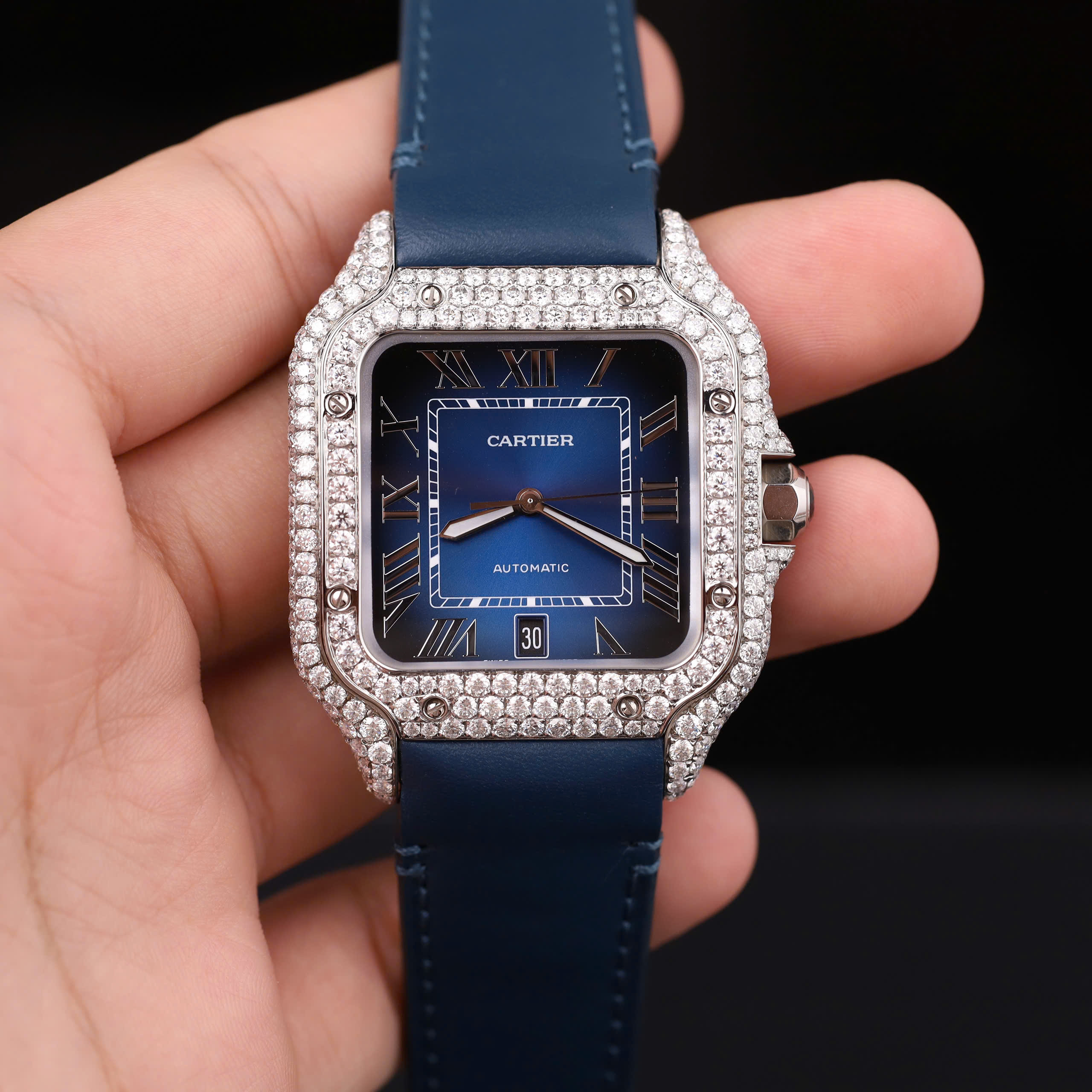 Cartier Santos Men’s Replica 11 Customs Moissanite Diamonds Blue 39.8mm - Image 2
