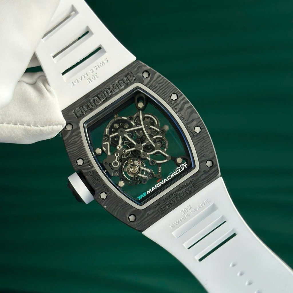 Đồng Hồ Richard Mille Chế Tác Carbon NTPT RM055 Dây Cao Su Trắng Nhà Máy ZF 49.9×42.7mm
