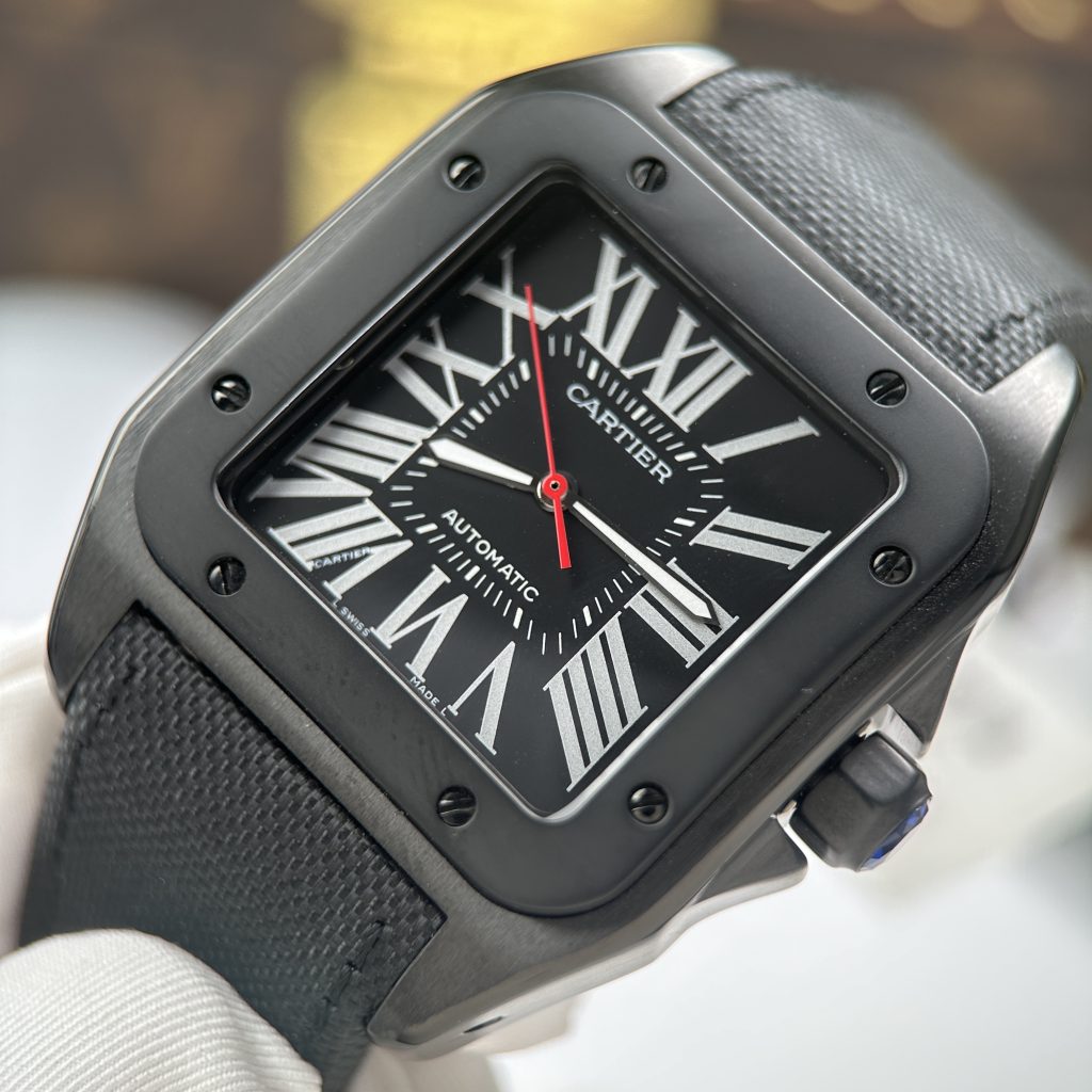 Đồng Hồ Cartier Santos 100 XL Replica Luxury Vỏ Mạ ADLC Mặt Đen 41x51mm