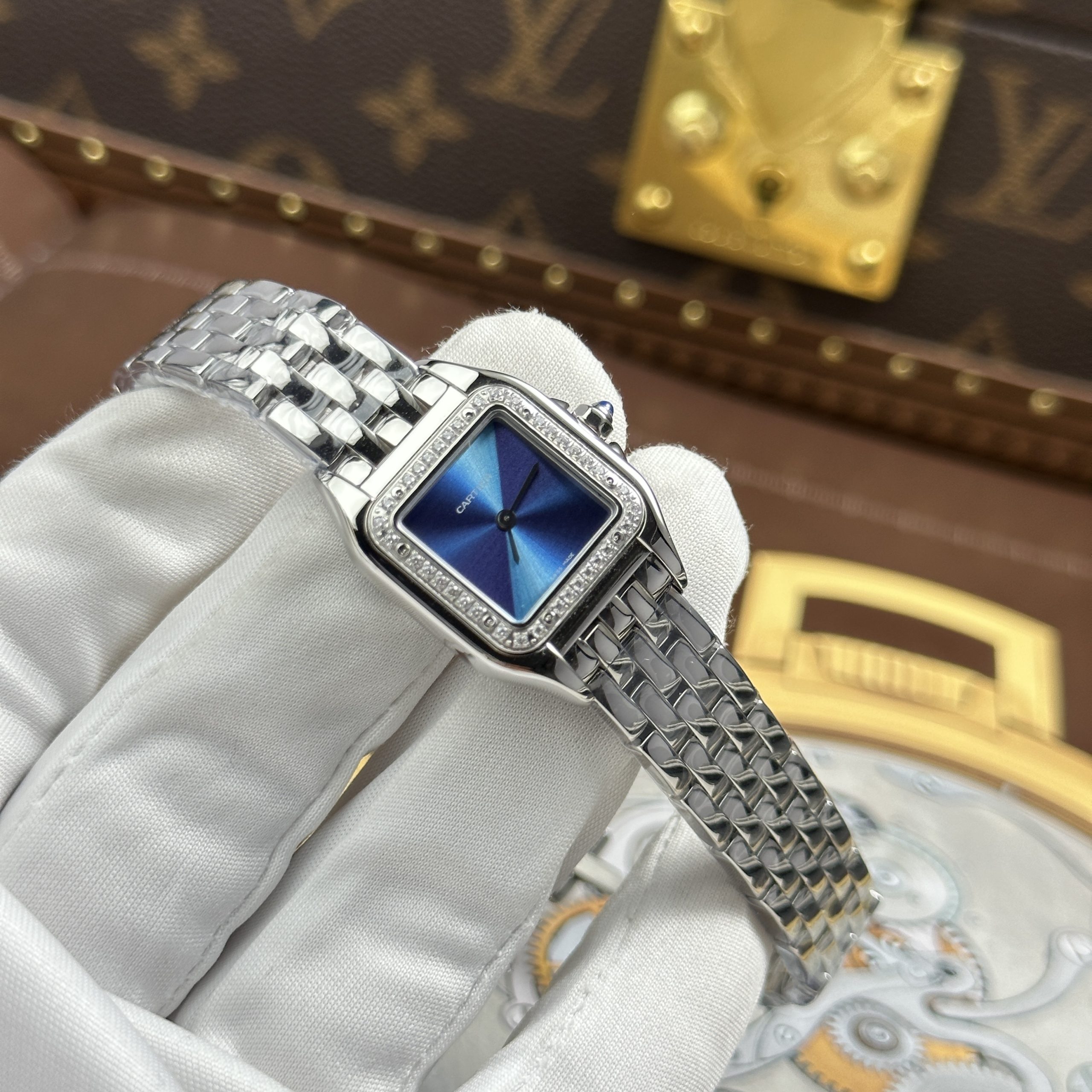 Cartier Panthere Small Model Rep 11 Women’s Blue Face CZ Stone Bezel 23x30mm - Image 3