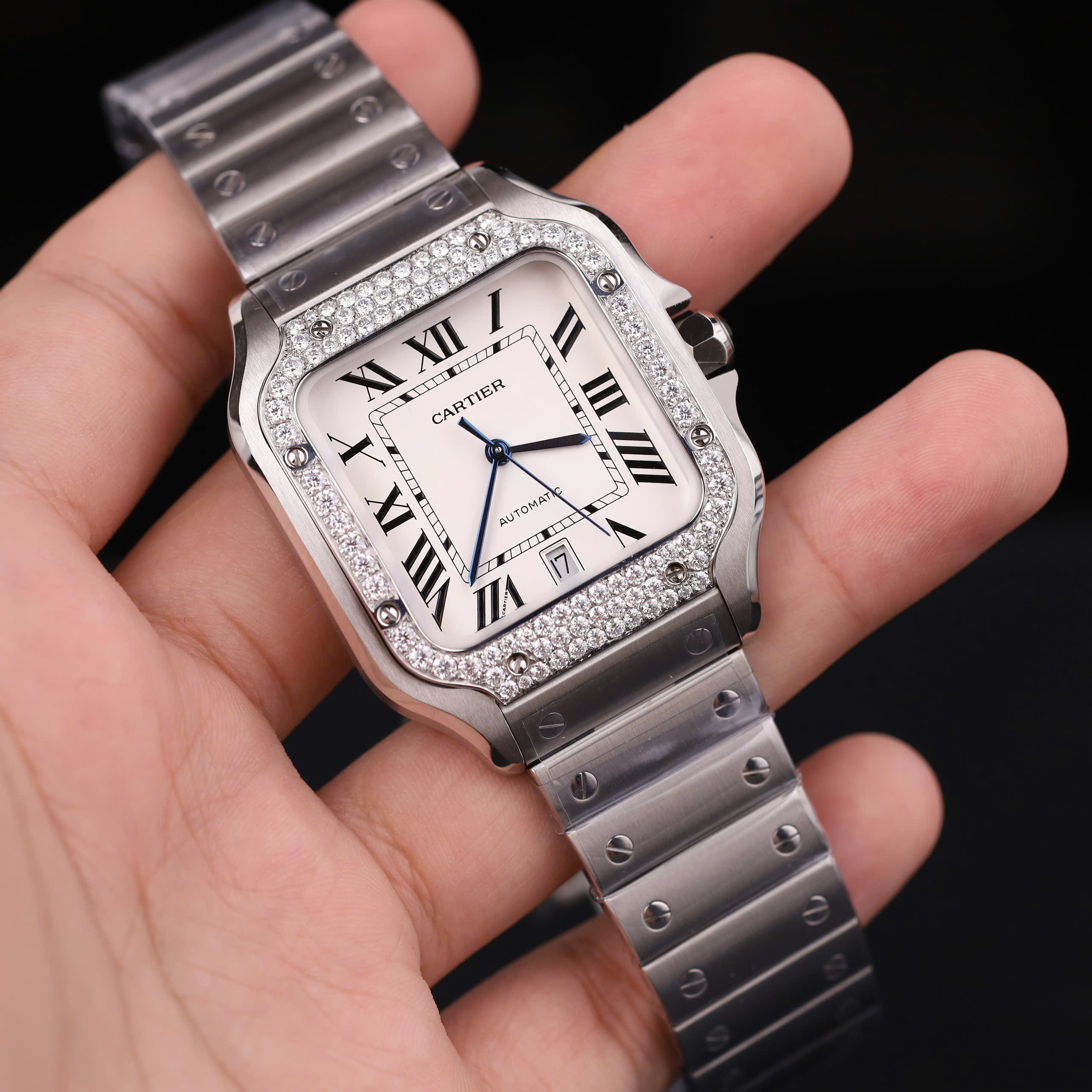 Catier Santos Customs Moissanite Diamonds Bezel Best Replica White Dial 39.8mm - Image 4