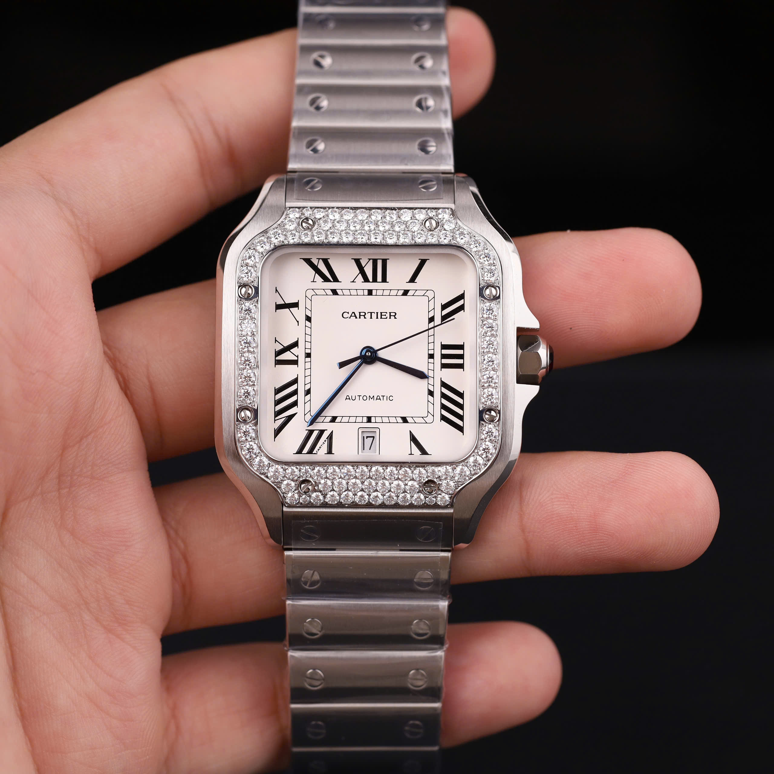 Catier Santos Customs Moissanite Diamonds Bezel Best Replica White Dial 39.8mm - Image 2