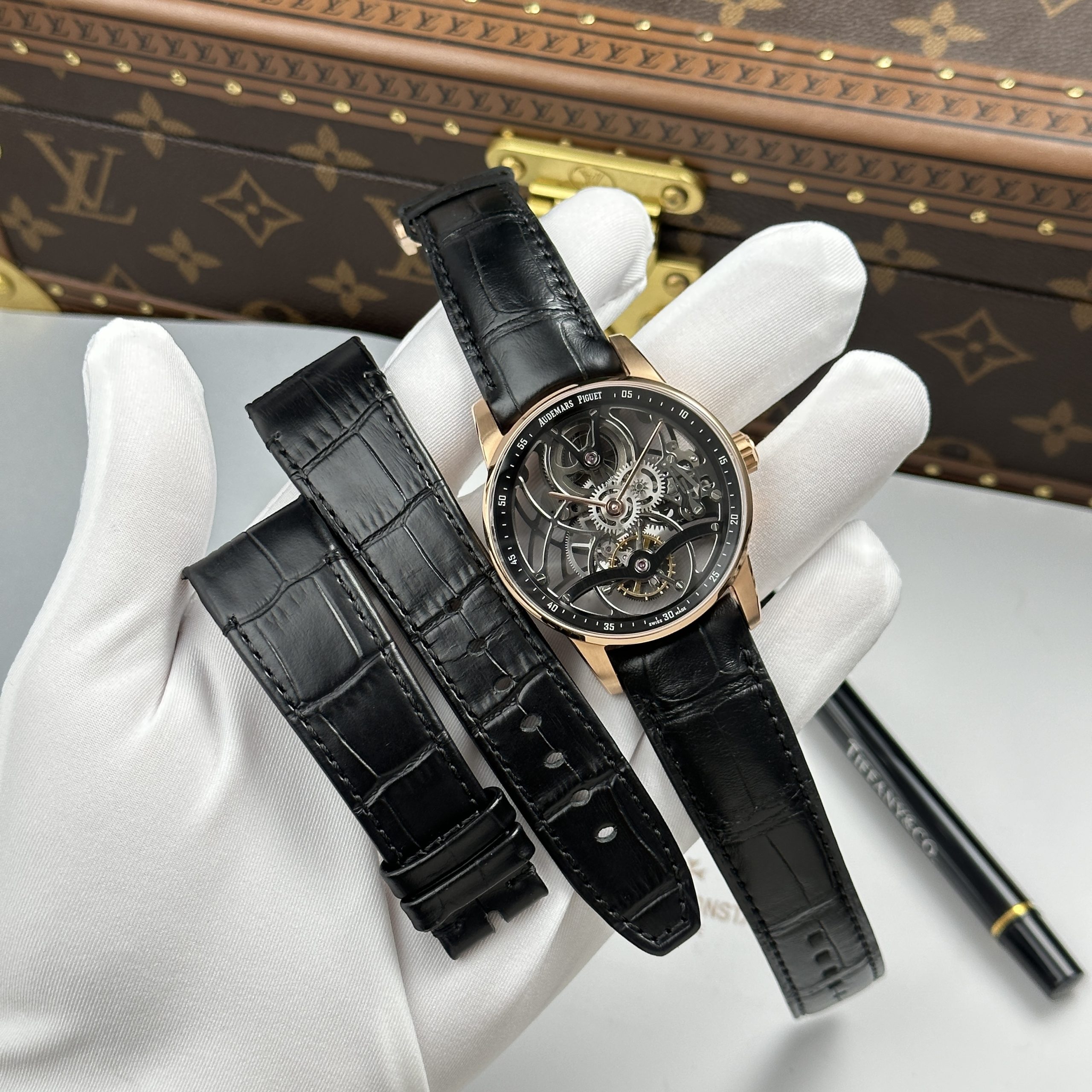 Audemars Piguet 26600 Replica Luxury Tourbillon Openwork Rose Gold Plated Leather Strap 41mm
