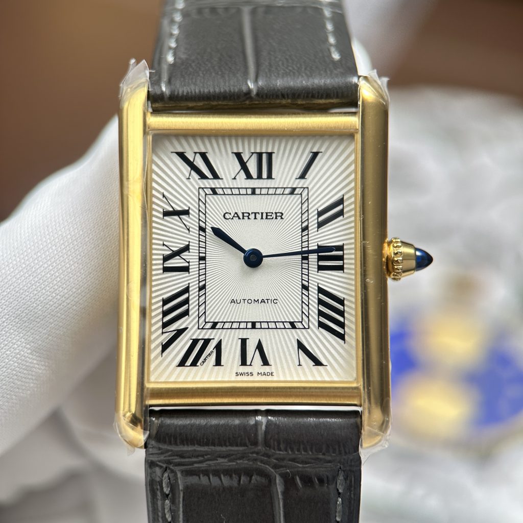 Đồng hồ Cartier Tank Louis Chế Tác Mạ Vàng Mặt Trắng Dây Da Màu Xám 27.8×38.1mm