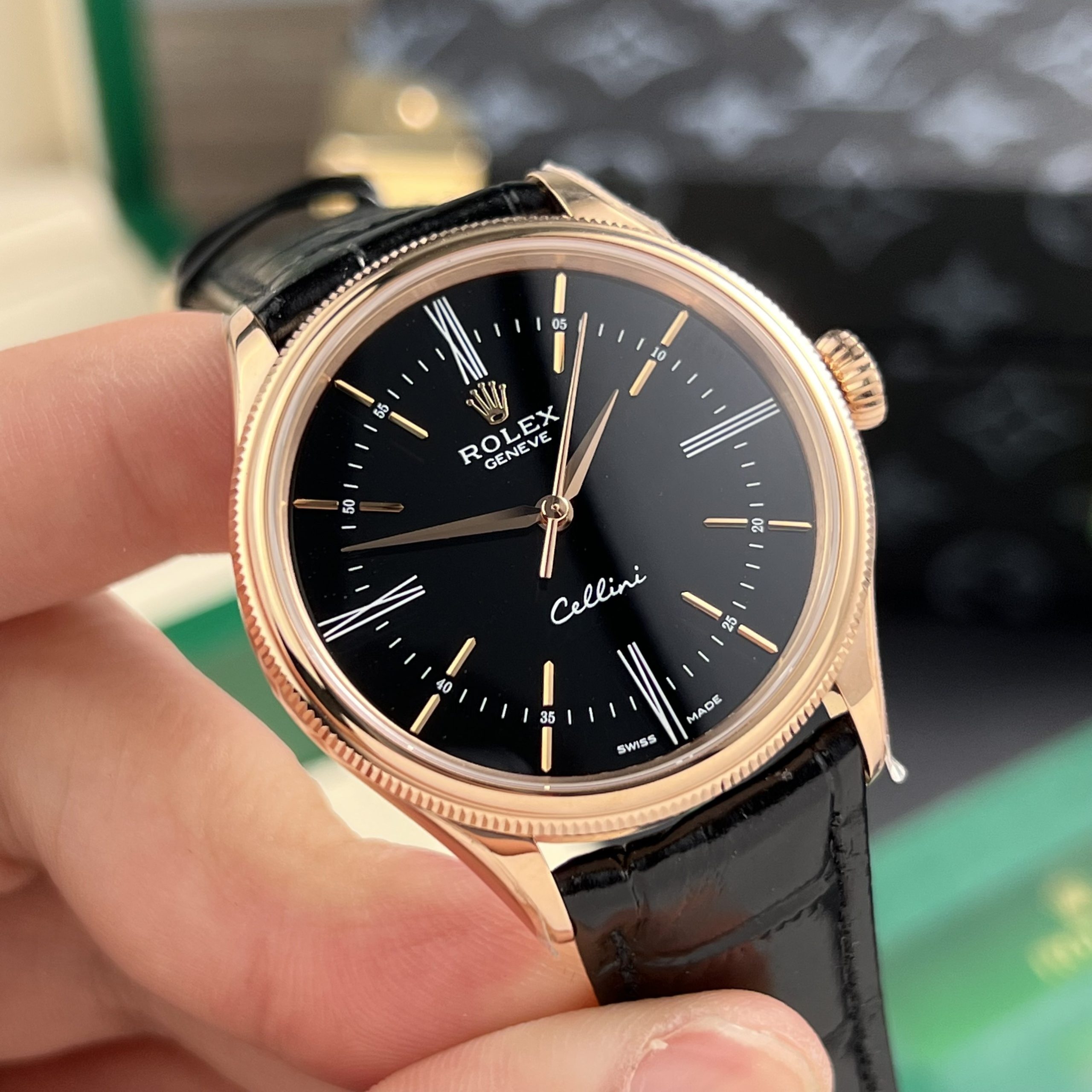 Rolex Cellini 50505 Replica Watch Black Dial Leather Strap 39mm