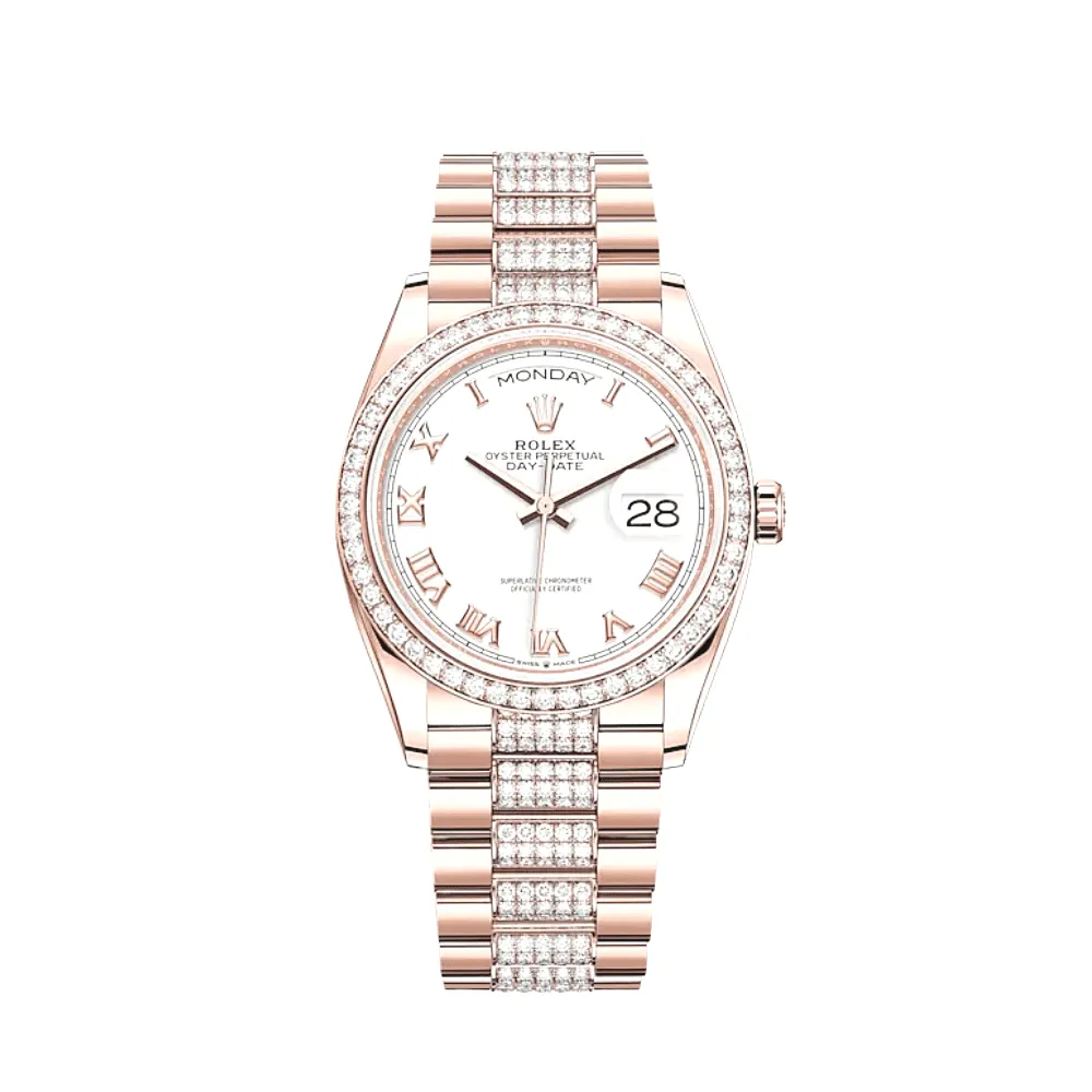 Rolex Day-Date 36 128345RBR Rose Gold Diamond Bezel White Dial