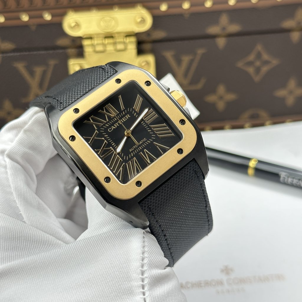 Đồng Hồ Cartier Santos 100 XL Black ADLC Chế Tác Mặt Đen Viền Vàng 41x51mm
