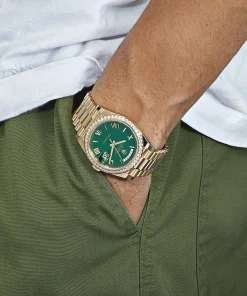 Alternative view of Rolex Day-Date 40 228348RBR Yellow Gold Green Roman Numeral Dial Diamond Bezel