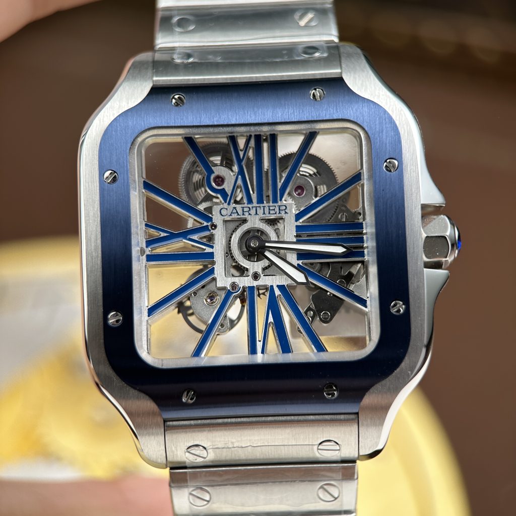 Đồng Hồ Cartier Santos de Cartier Replica Skeleton Demi Xanh Dương Nhà Máy MLF 39.8mm