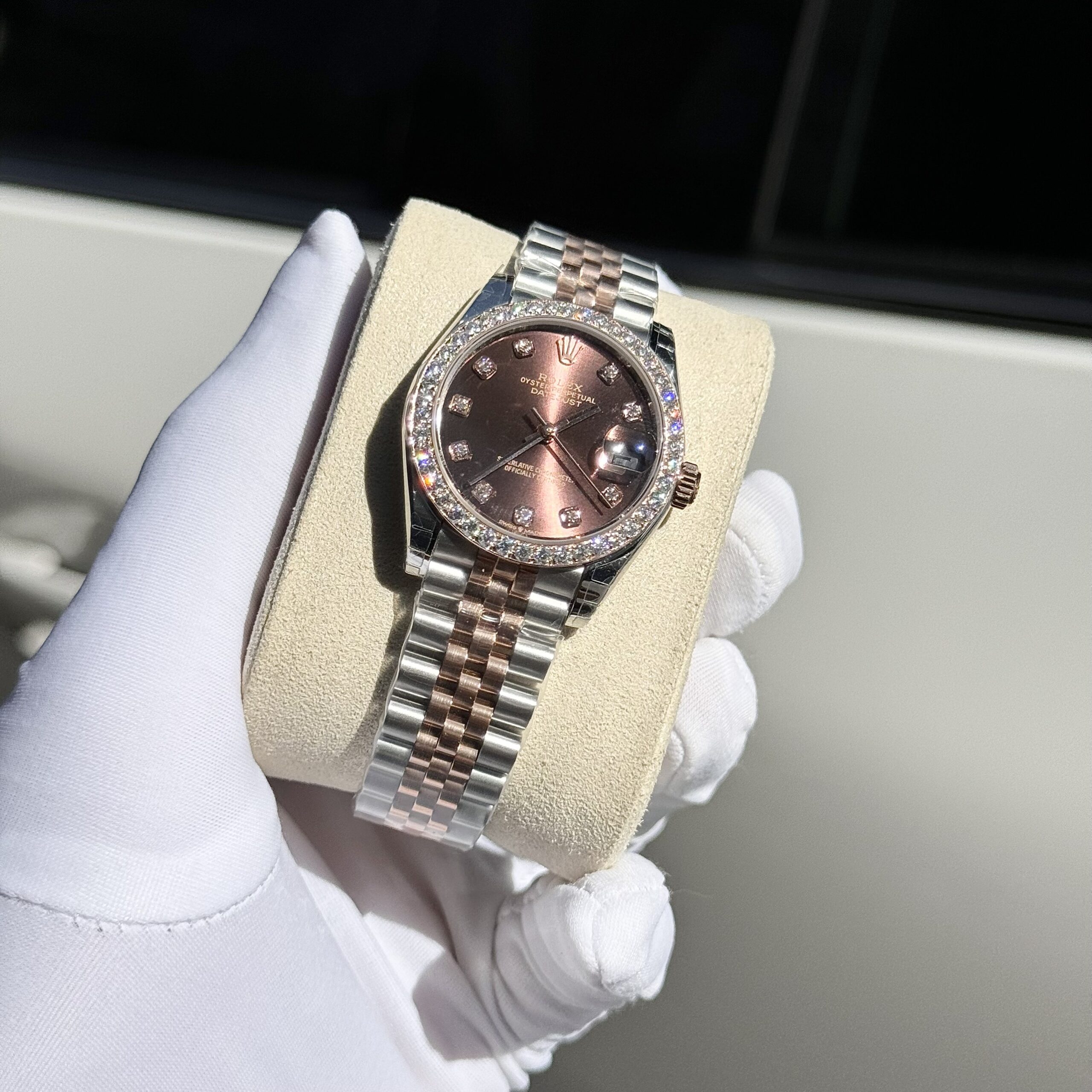 Rolex DateJust Custom Moissanite Diamonds Bezel Chocolate Dial 31mm - Image 2