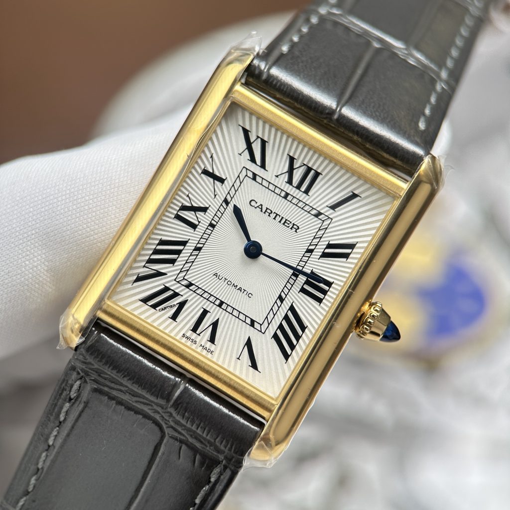 Đồng hồ Cartier Tank Louis Chế Tác Mạ Vàng Mặt Trắng Dây Da Màu Xám 27.8×38.1mm
