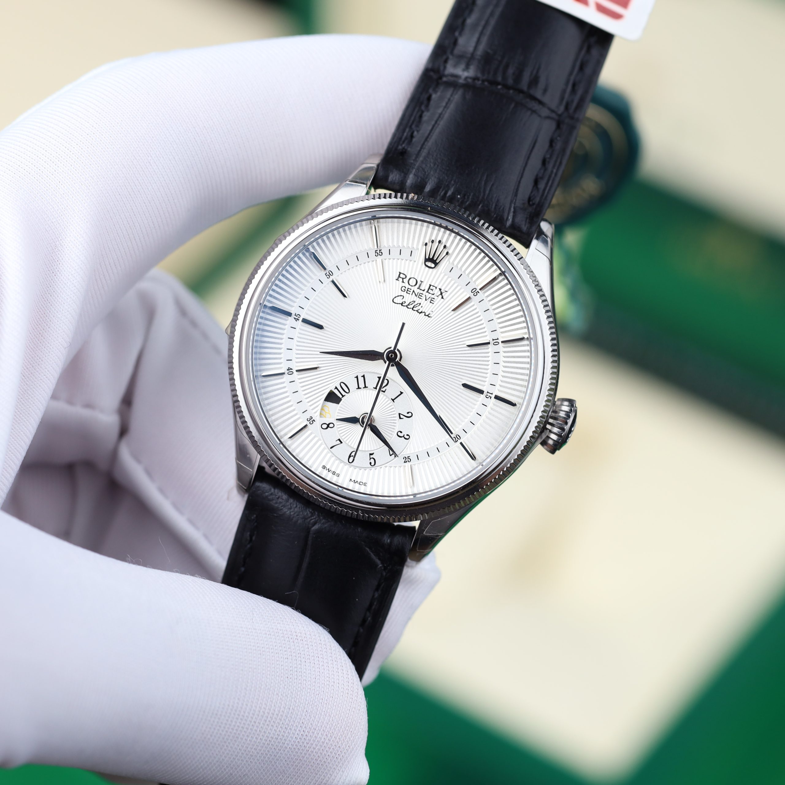 Rolex Cellini Dual Time 50525 Replica Watch Silver Dial Leather Strap KZ Factory 39mm - Image 3