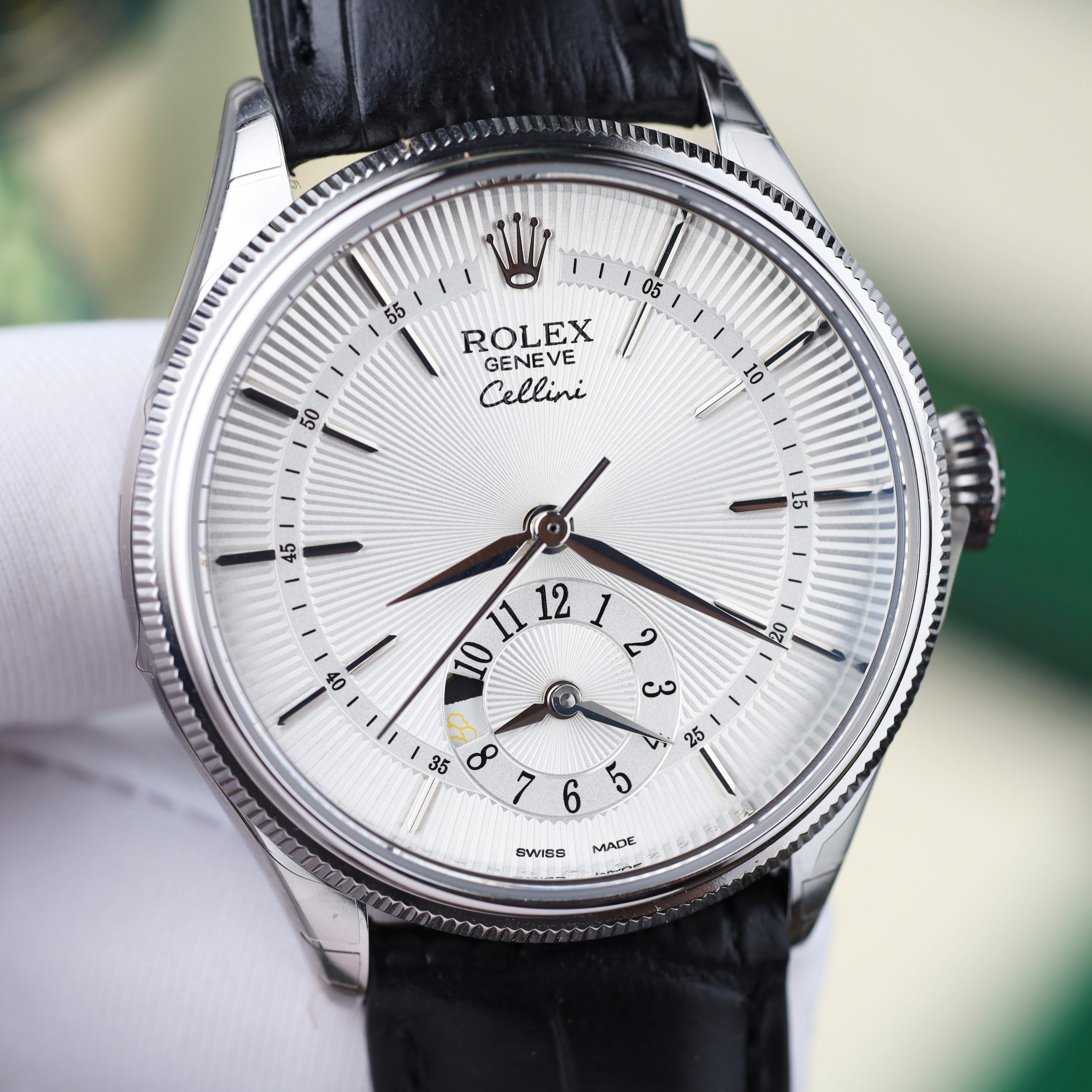 Rolex Cellini Dual Time 50525 Replica Watch Silver Dial Leather Strap KZ Factory 39mm - Image 5