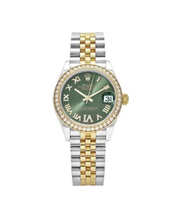 Rolex Datejust 31 278383RBR ‘Ladies’ Yellow Gold Stainless Steel Green Roman Dial Diamond Bezel