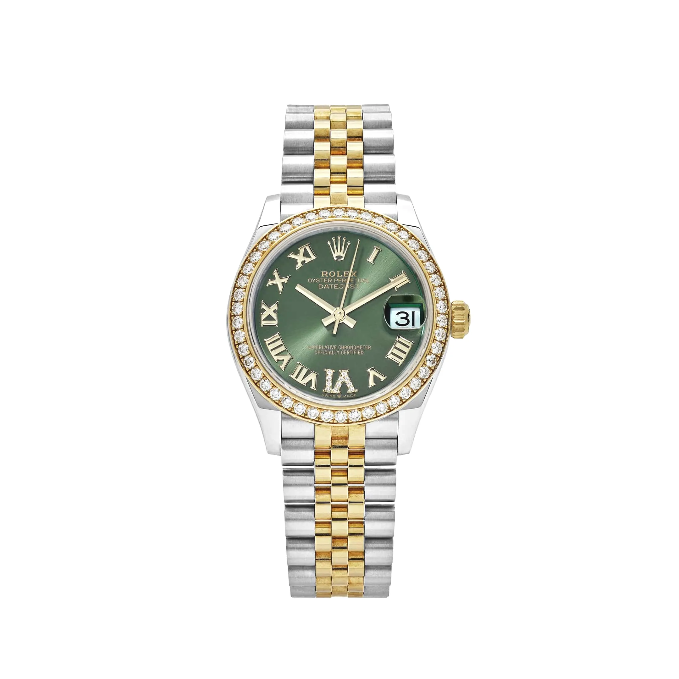 Rolex Datejust 31 278383RBR ‘Ladies’ Yellow Gold Stainless Steel Green Roman Dial Diamond Bezel