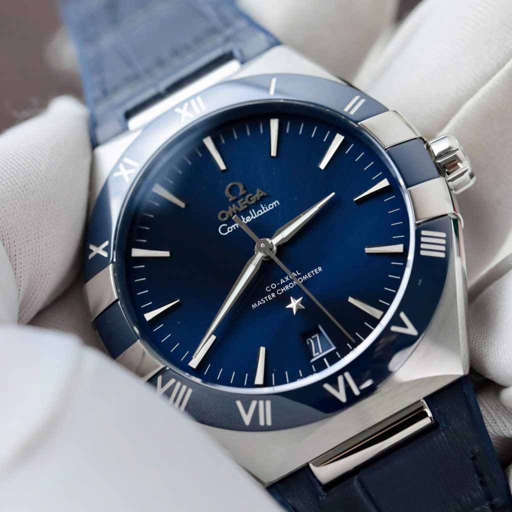 Đồng Hồ Omega Constellation Nam Replica 11 Dây Da Xanh Blue Nhà Máy VS 41mm