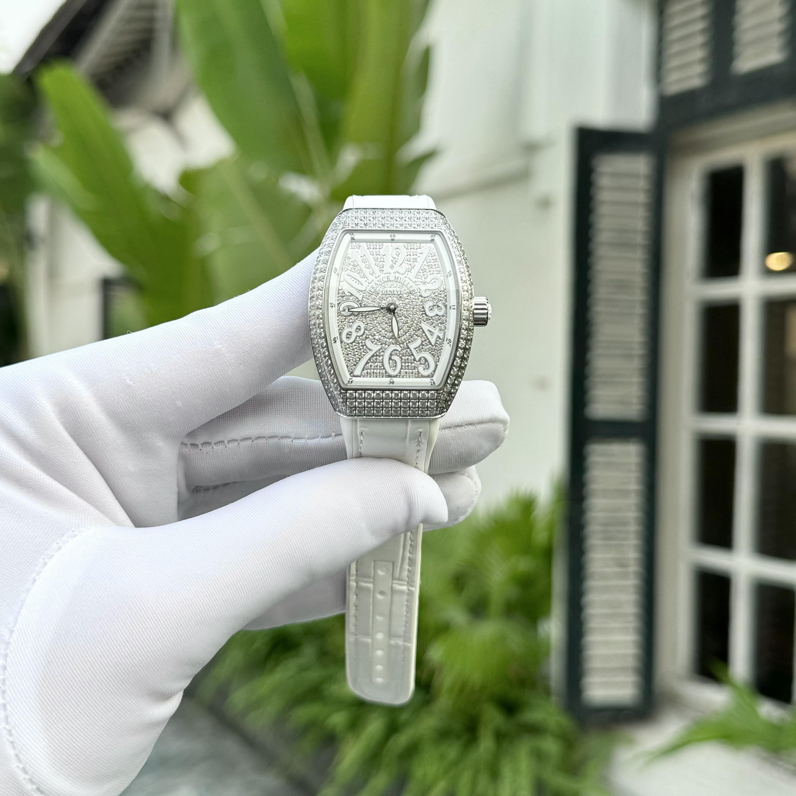 Franck Muller V32 Full Diamonds Replica Watch White Color ABF 32x40mm