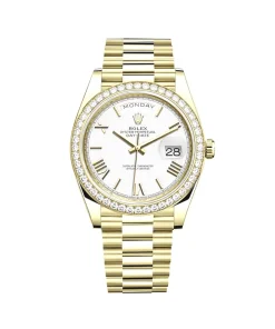 Rolex Day-Date 40 228348RBR Yellow Gold Diamond Bezel White Dial