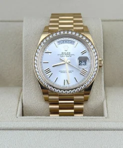 Alternative view of Rolex Day-Date 40 228348RBR Yellow Gold Diamond Bezel Silver Dial