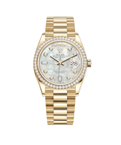 Rolex Day-Date 36 128348RBR Yellow Gold Diamond Bezel Mother of Pearl Diamond Dial