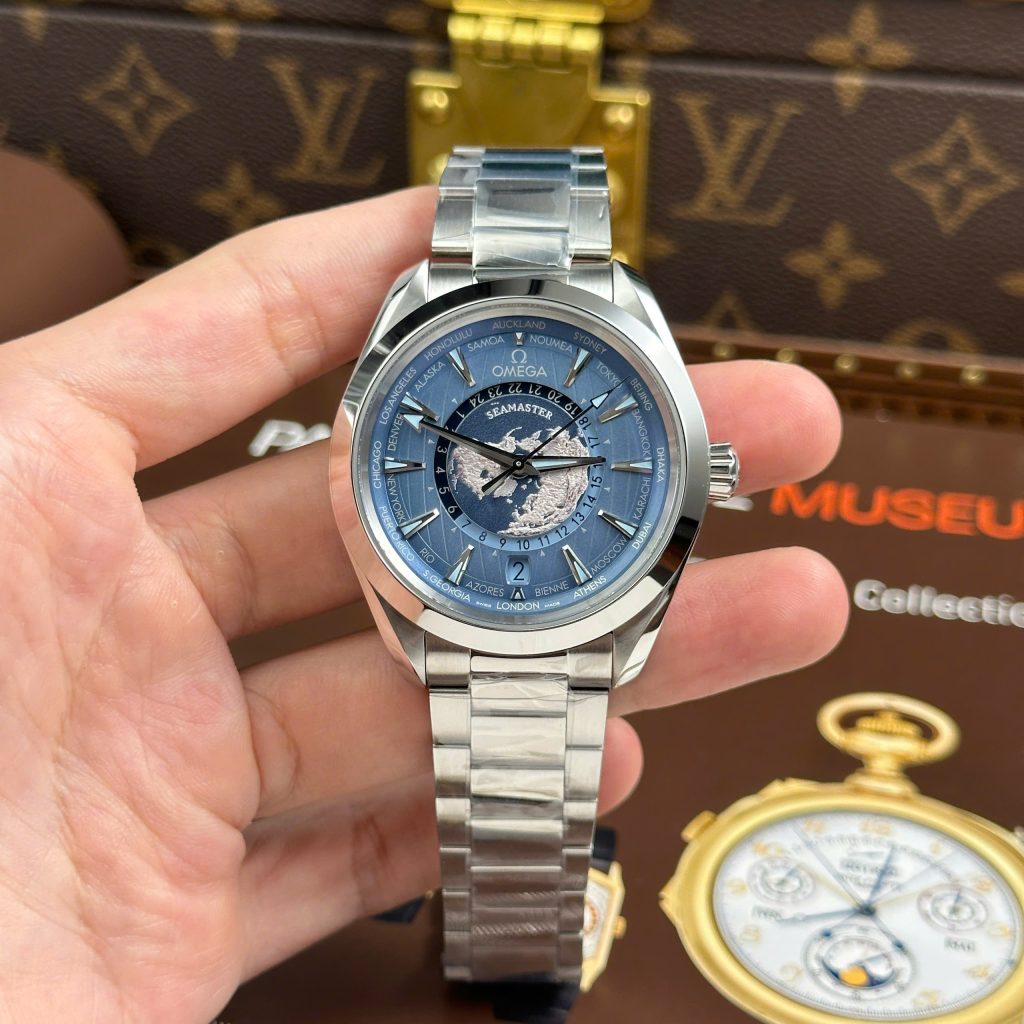 Đồng Hồ Omega Seamaster Rep11 Aqua Terra Worldtimer Màu Xanh Dương Dây Kim Loại 43mm