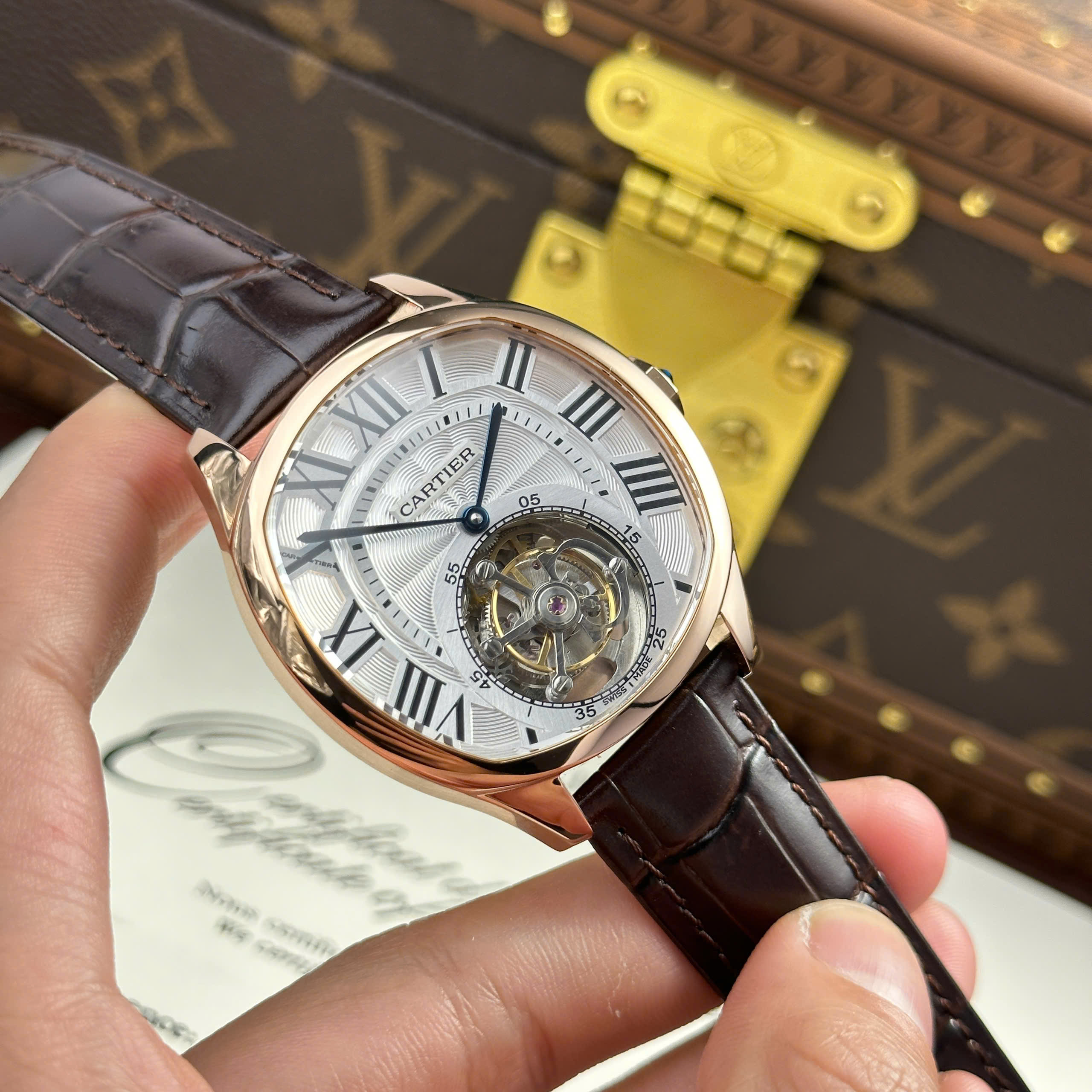 Cartier Drive Tourbillon Replica 11 Watch Guiloche Dial Brown Leather Strap 41mm - Image 3