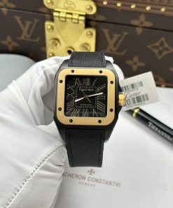Cartier Santos 100 XL Black ADLC Replica Watch Black Dial Gold Bezel 41x51mm