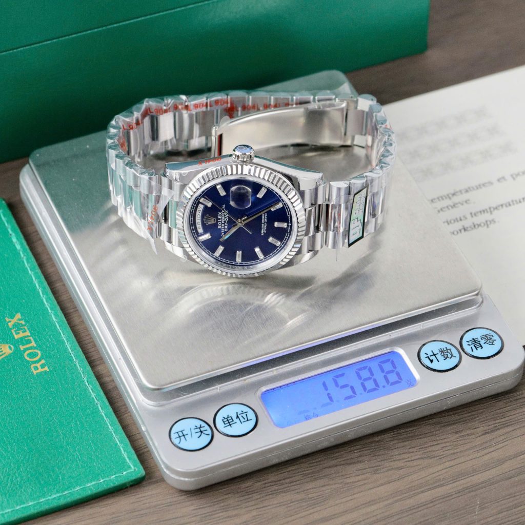 Đồng Hồ Rolex Day-Date 128236 Chế Tác Mặt Xanh Blue Cọc Số Đá Trọng Lượng 159gr Xưởng QF 36mm