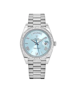 Rolex Day-Date 40 228396TBR Platinum Ice Blue Roman Dial Diamond Bezel (2025)