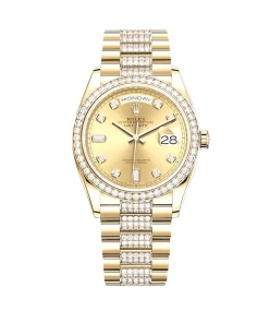 Rolex Day-Date 36 128348RBR Yellow Gold Diamond Bezel Champagne Diamond Dial