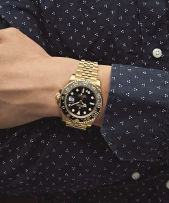 Alternative view of Rolex GMT-Master II 126718GRNR Yellow Gold Black Dial Jubilee 40mm