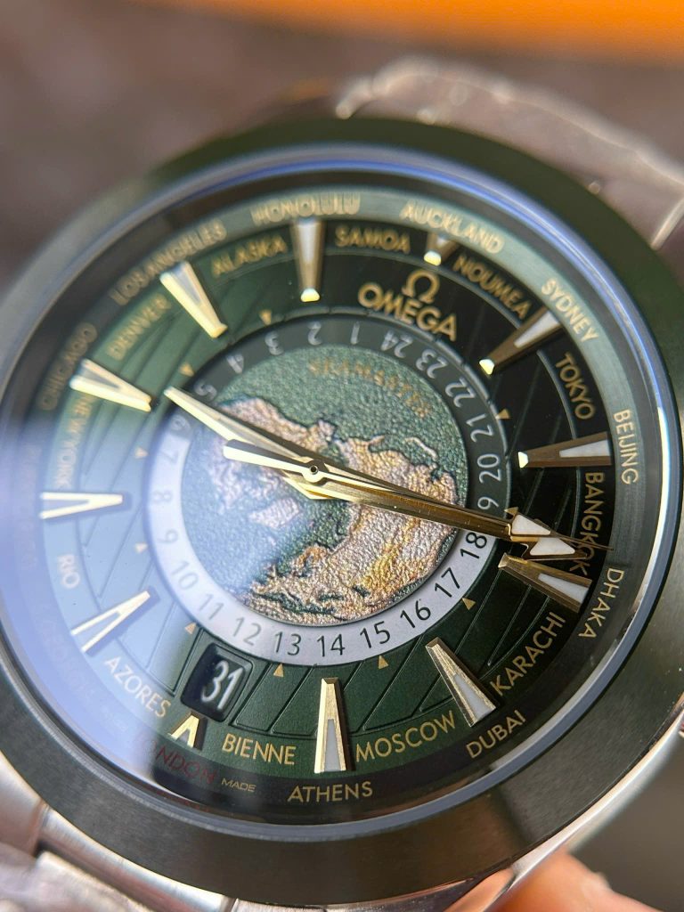 Đồng Hồ Omega Seamaster Aqua Terra Worldtimer Replica 11 Màu Xanh Lá Dây Kim Loại 43mm