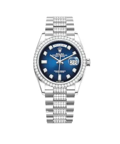 Rolex Day-Date 36 128349RBR White Gold Diamond Bezel Blue Diamond Dial