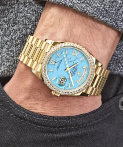 Alternative view of Rolex Day-Date 36 128348RBR Yellow Gold Diamond Bezel Turquoise Diamond Dial