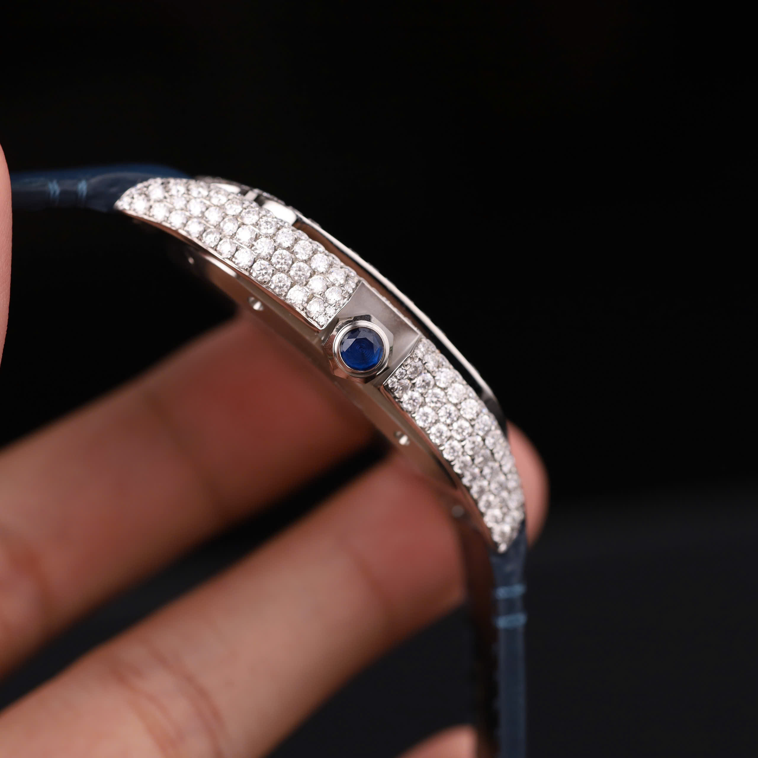 Cartier Santos Men’s Replica 11 Customs Moissanite Diamonds Blue 39.8mm - Image 8