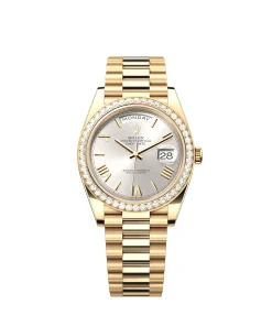 Rolex Day-Date 40 228348RBR Yellow Gold Diamond Bezel Silver Dial