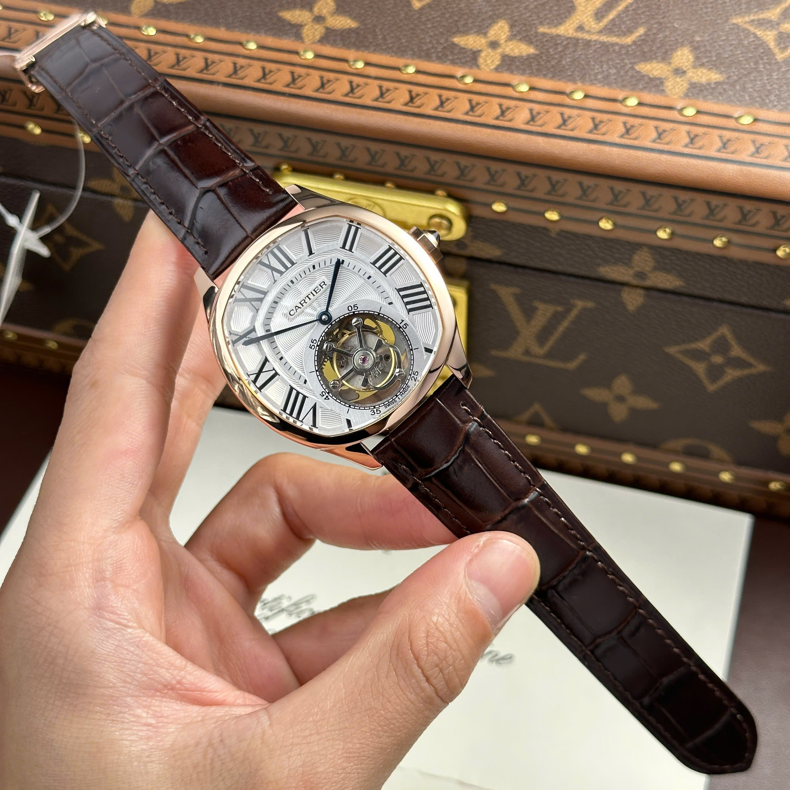 Cartier Drive Tourbillon Replica 11 Watch Guiloche Dial Brown Leather Strap 41mm - Image 2